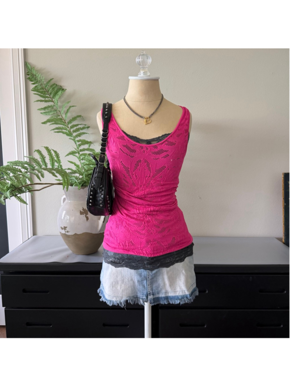 Last Tango Hot Pink Y2K Tank Top Stretchy Cutout Lace Top McBling Size S/M